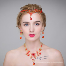 Red Jewelry set Wedding bridal Crystal Jewelry Set Headpiece necklace earring Pendant Bridal Hair Jewelry Set